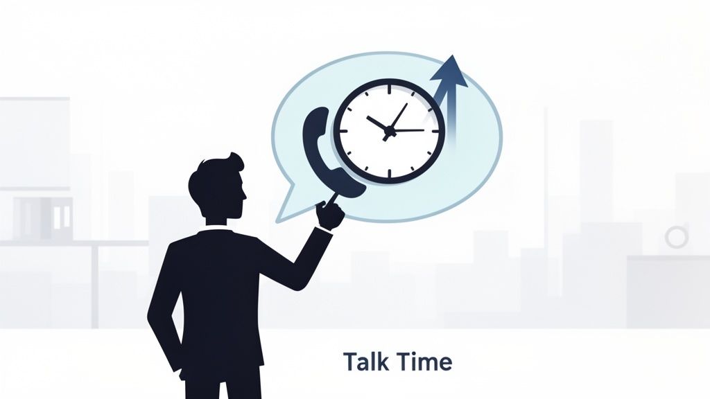 A man points to a speech bubble with a phone, clock, and upward arrow representing increased talk time.