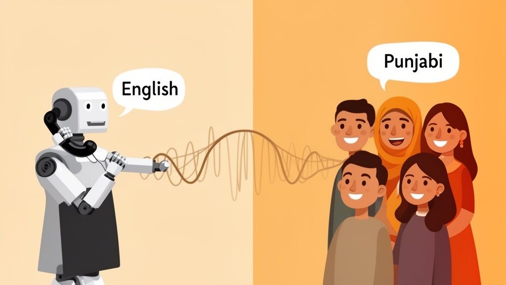 A robot translates English speech to Punjabi for a smiling group of people.