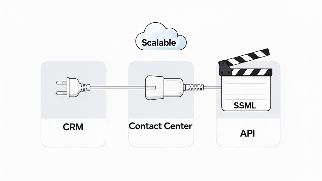 A diagram showing CRM integrating with a scalable Contact Center, which connects to an SSML API.
