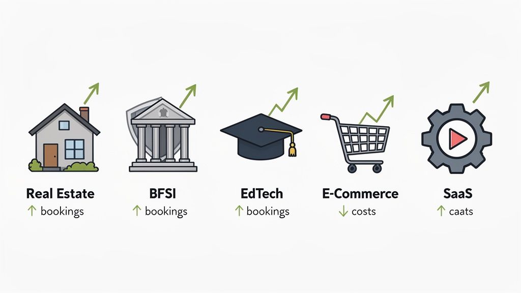 Five industry sectors with trends: Real Estate, BFSI, EdTech show increased bookings; E-Commerce has decreased costs; SaaS shows increased caats.
