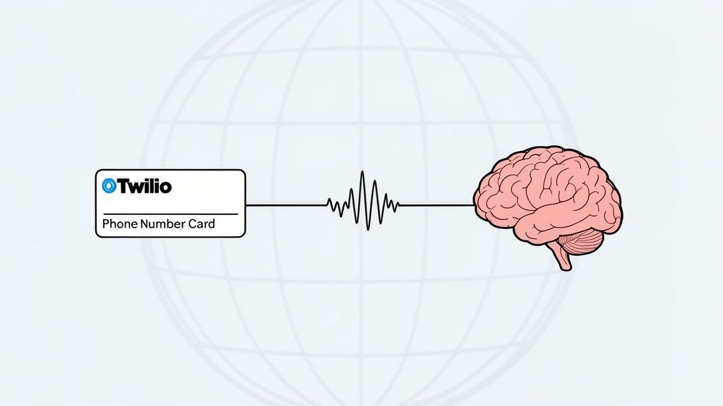 Twilio phone number card connected by a signal waveform to a human brain on a globe.