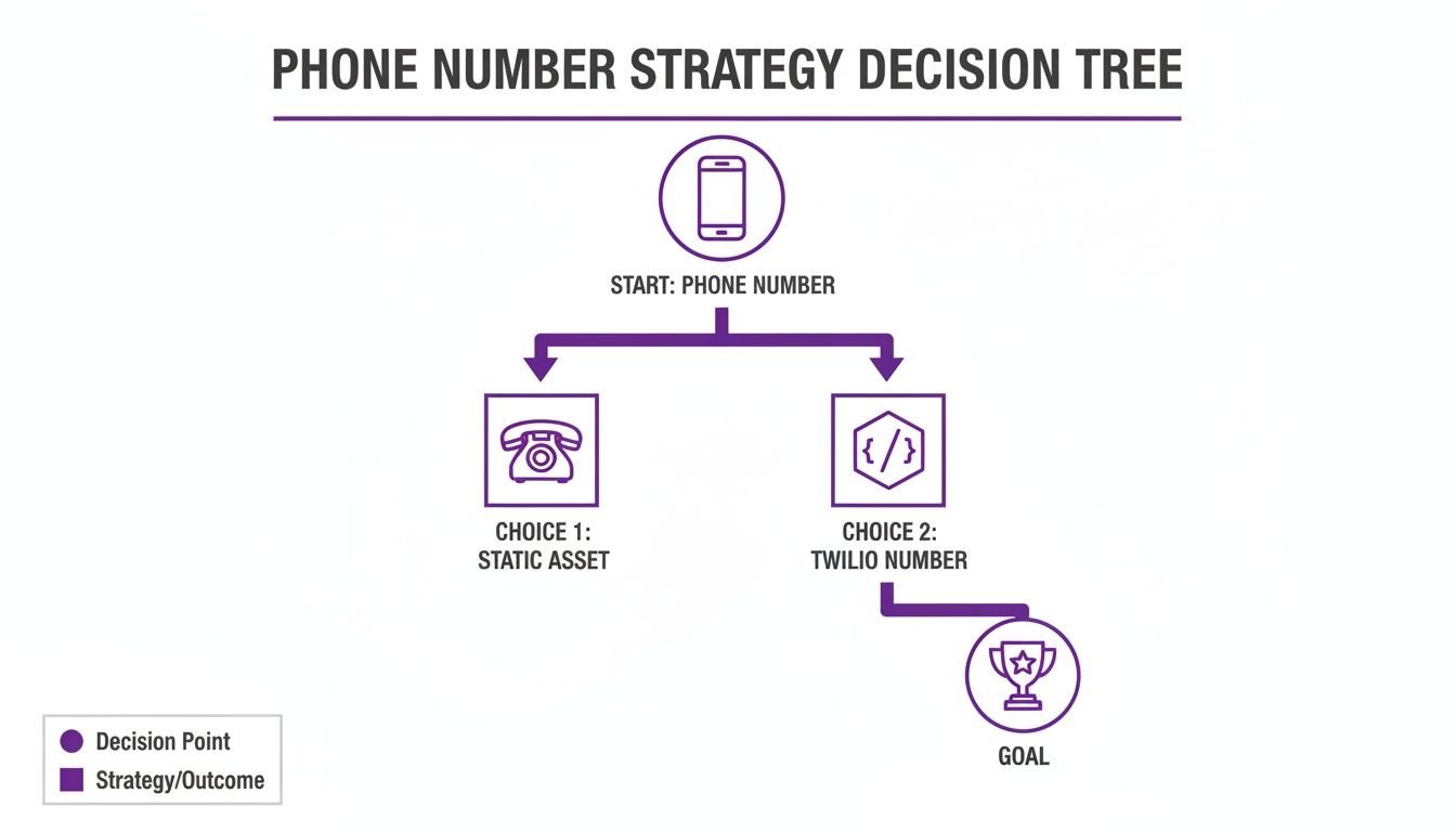 Decision tree showing phone number strategy options: static asset or Twilio number leading to a goal.