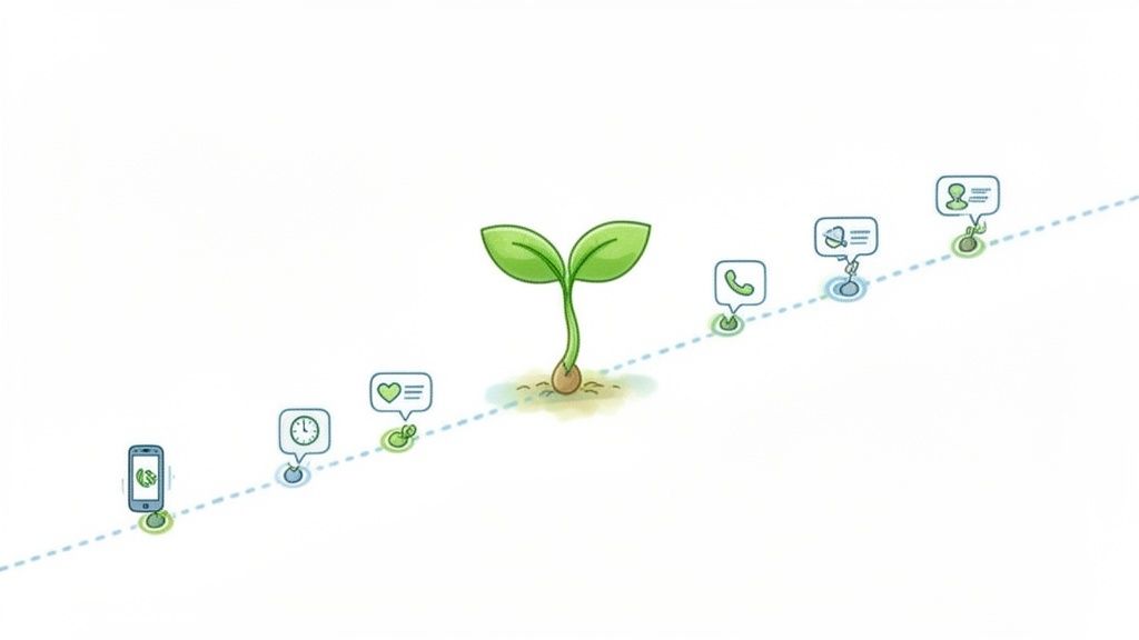 Illustration of a small green sprout symbolizing growth, surrounded by digital app icons depicting user engagement.