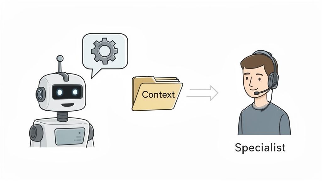 A robot passes a context folder to a human specialist with a headset, illustrating AI collaboration.