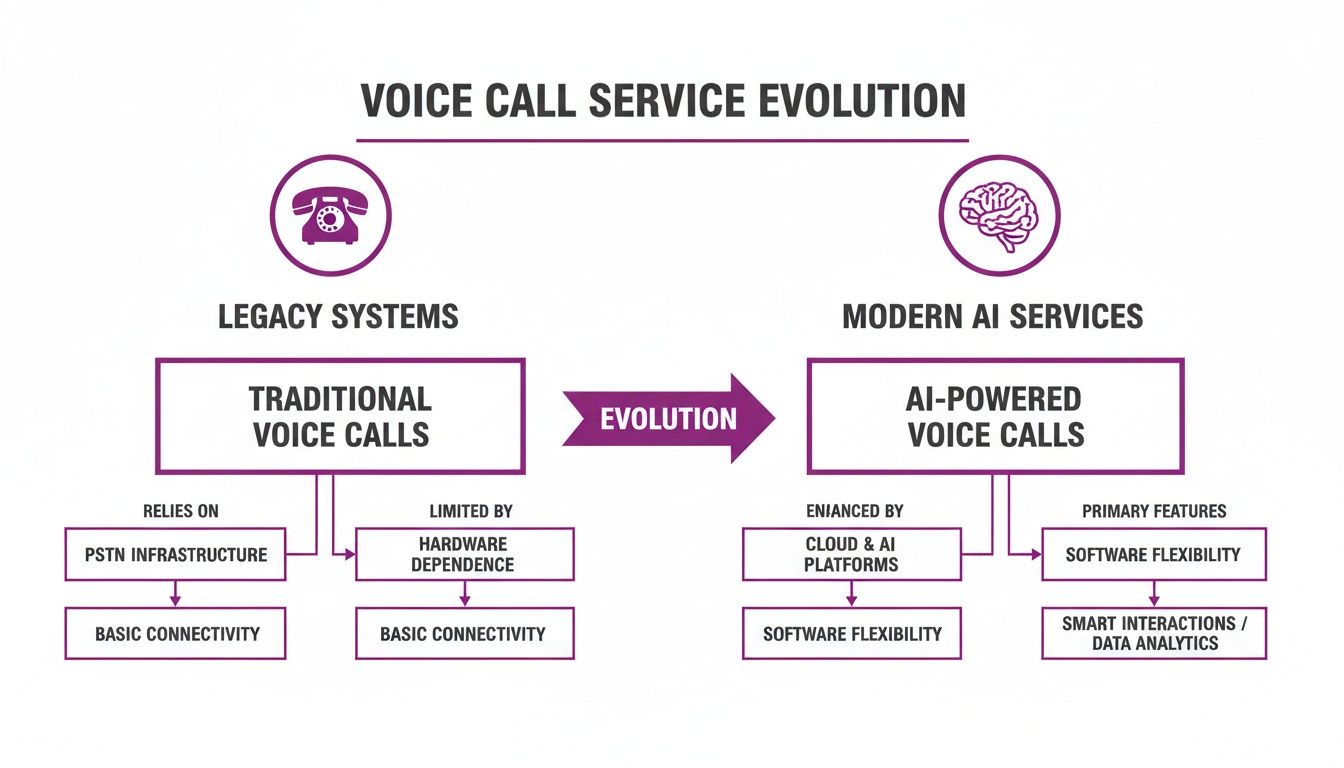 A diagram illustrating the evolution of voice call services from traditional legacy systems to modern AI-powered solutions.