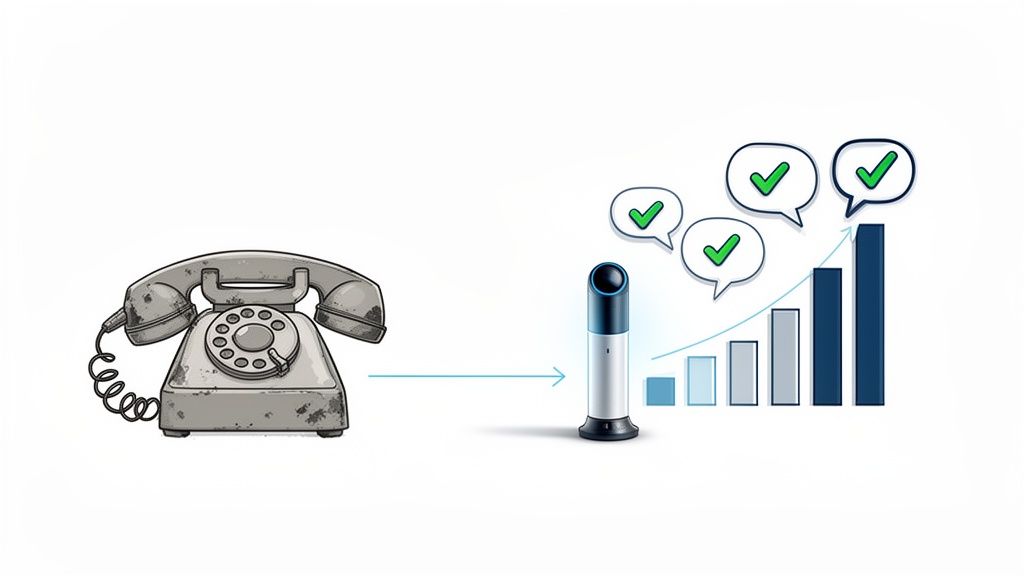 An old rotary phone transitioning to a modern voice assistant, showing improved communication and success.