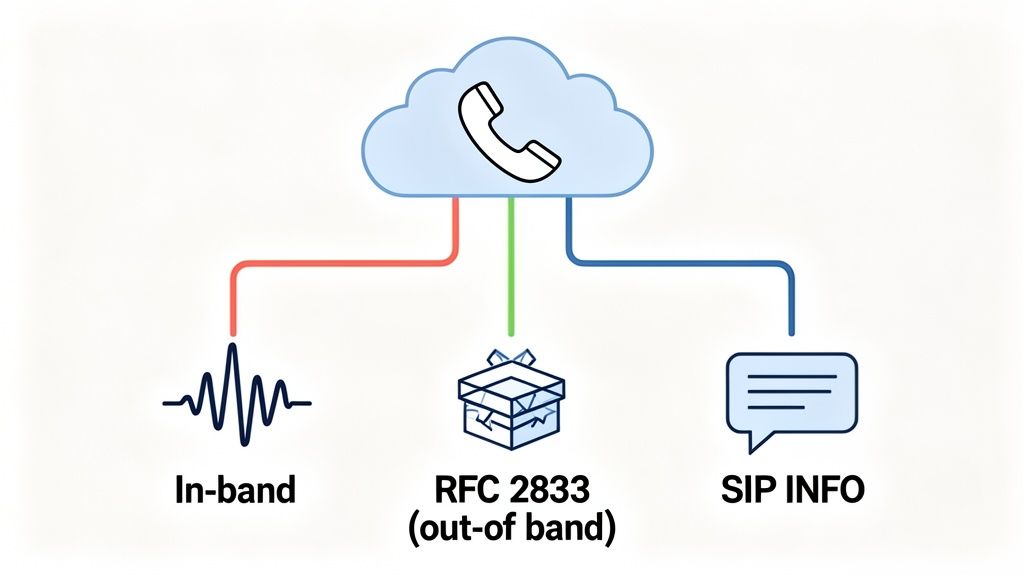 Visual representation of DTMF transmission methods: in-band, RFC 2833 (out-of-band), and SIP INFO.