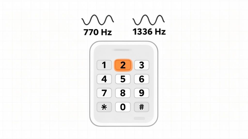 A phone keypad with the '2' button highlighted, showing corresponding 770 Hz and 1336 Hz DTMF tones.