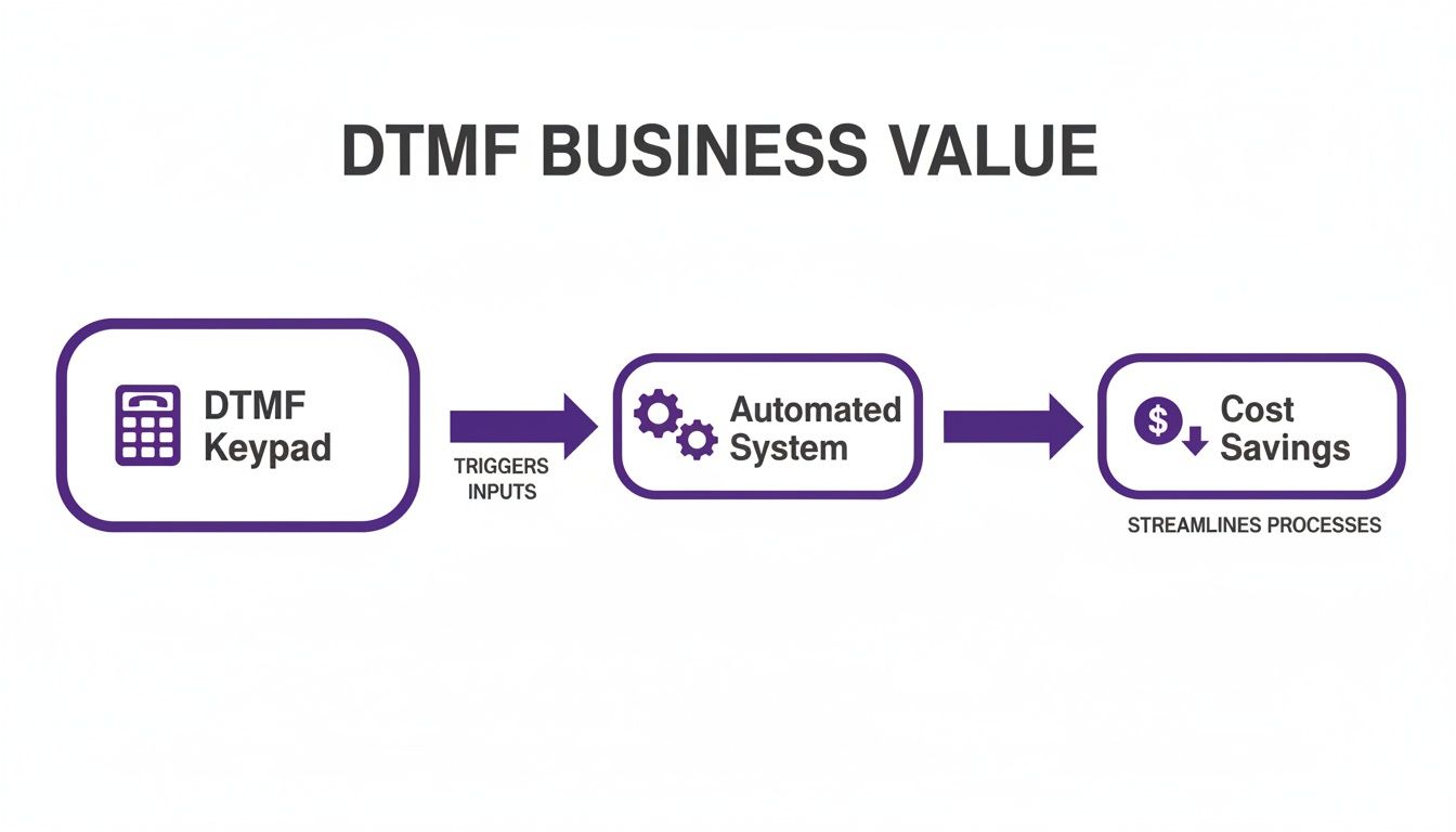 Diagram illustrating the business value of DTMF: keypad inputs trigger an automated system, leading to cost savings and streamlined processes.