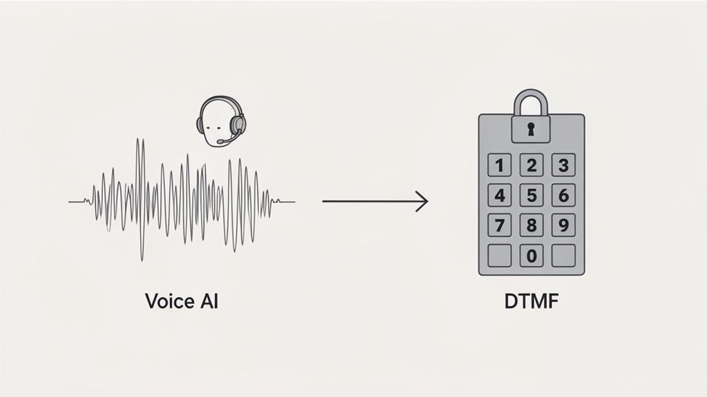 Diagram showing Voice AI converting voice waveforms to a DTMF keypad with a padlock symbol.