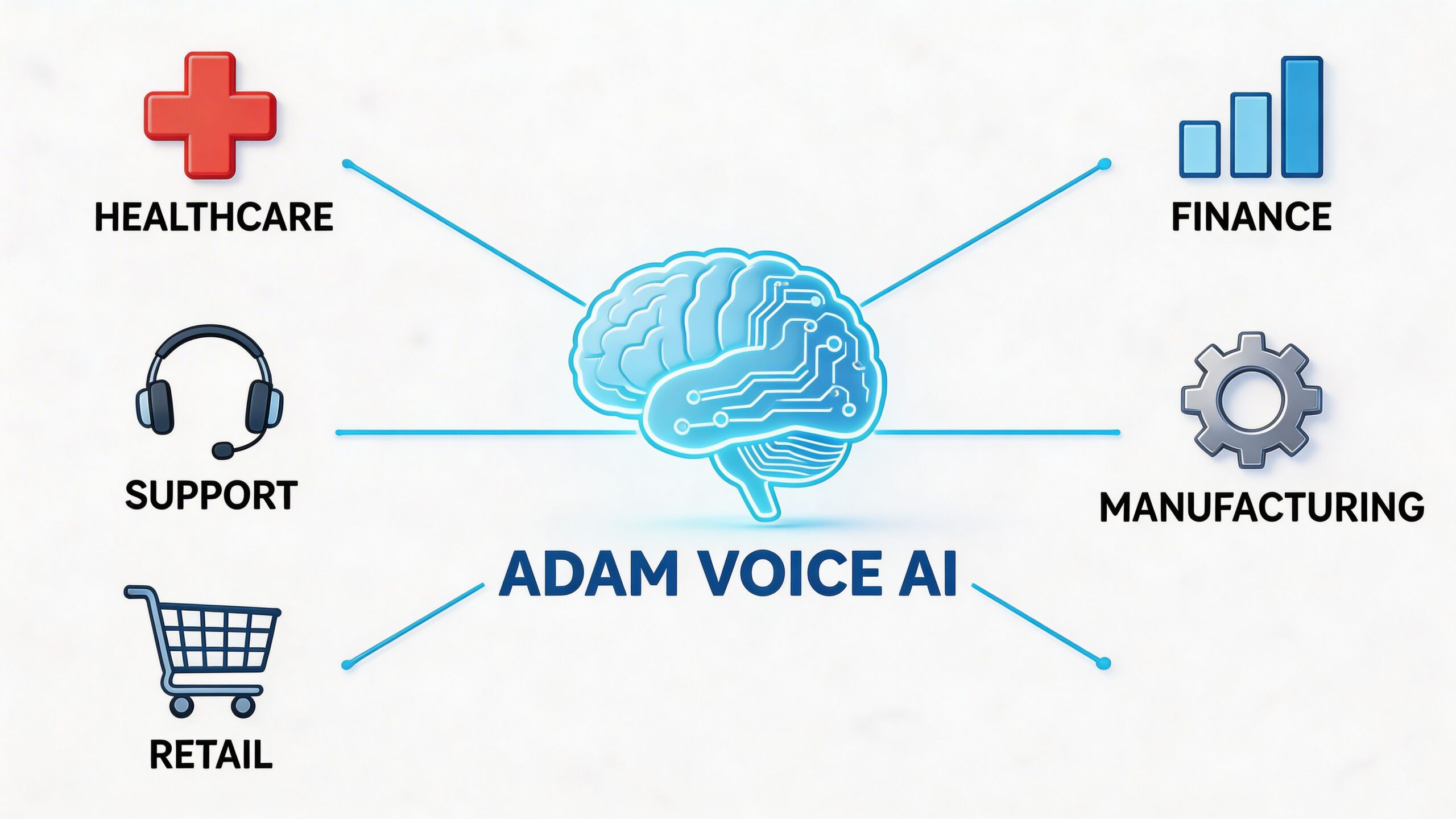 A digital graphic depicting the Adam Voice AI brain icon connected to healthcare, support, retail, finance, and manufacturing sectors.