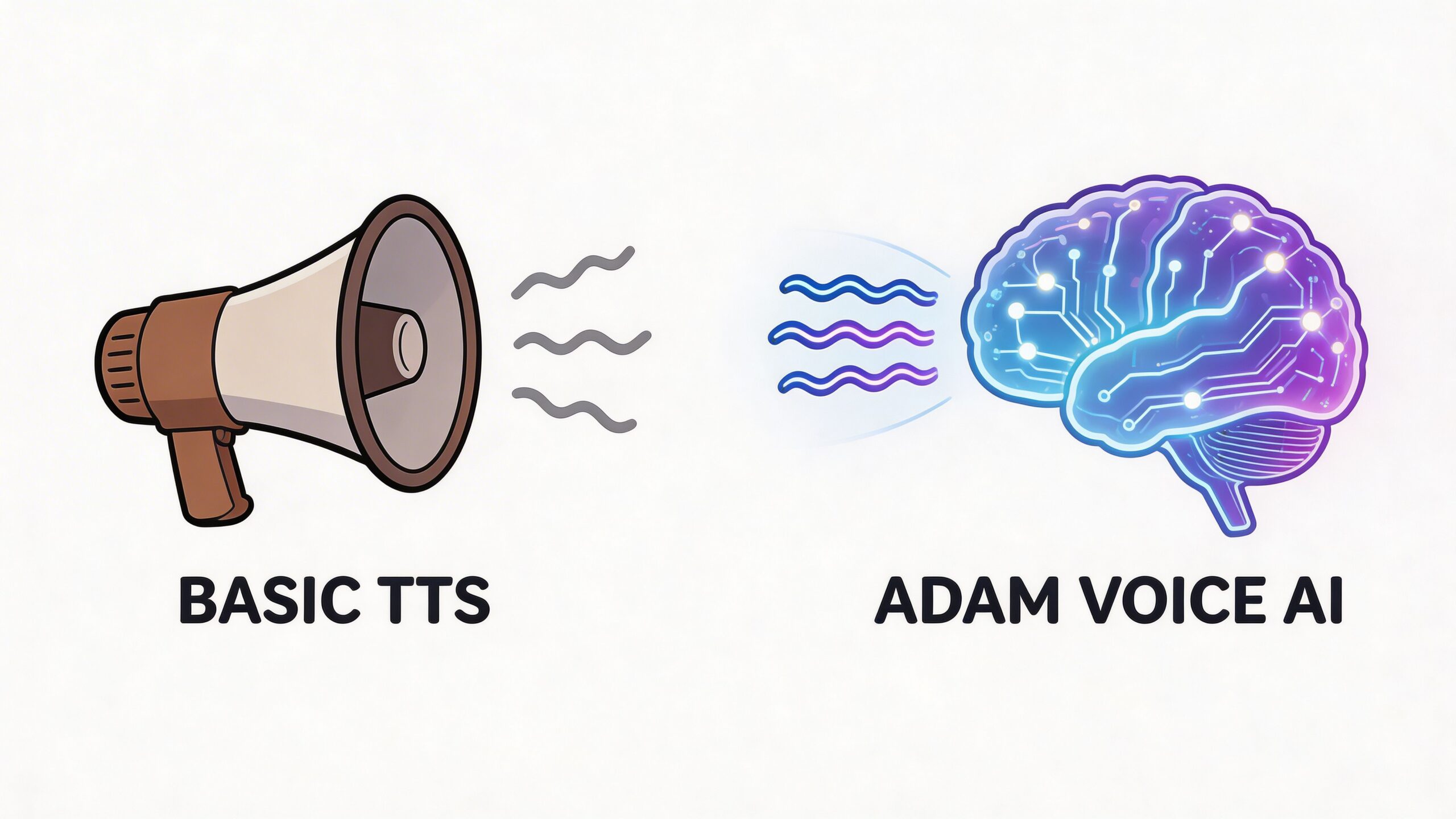 A comparison illustration between a simple megaphone representing basic TTS and an AI brain representing Adam Voice AI.