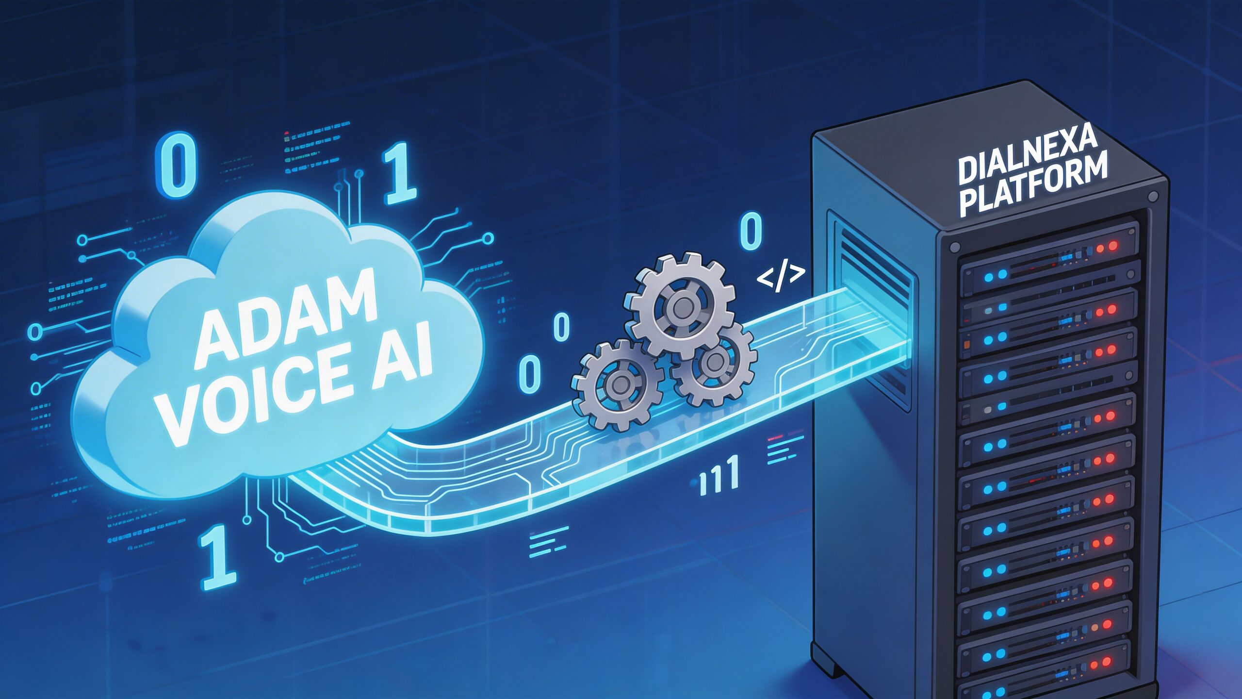 A 3D graphic showing ADAM Voice AI in a cloud connecting to the Dialnexa Platform server cabinet.
