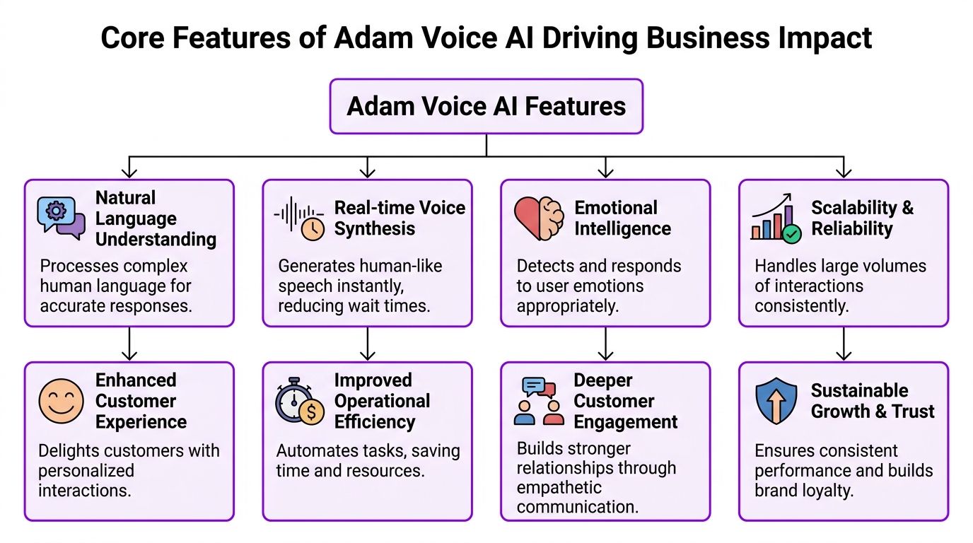 A diagram illustrating the core features and business benefits of Adam Voice AI technology in a chart.