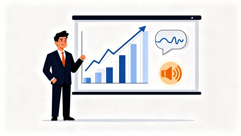 A businessman presents a growing bar graph, with speech bubble and speaker icons, symbolizing text-to-speech integration.