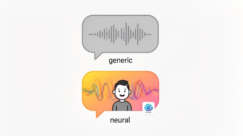Two speech bubbles illustrate the difference between generic audio waveforms and neural, AI-generated speech.