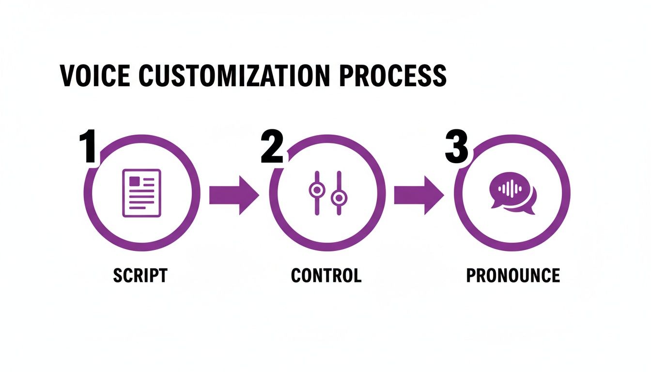 A diagram illustrating the voice customization process with three steps: Script, Control, and Pronounce, each with an icon.
