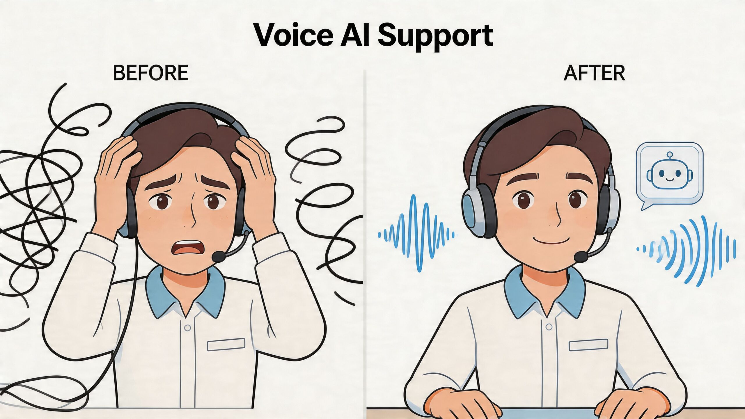 A contrast illustration showing a stressed customer service agent before and after using voice AI support tools.