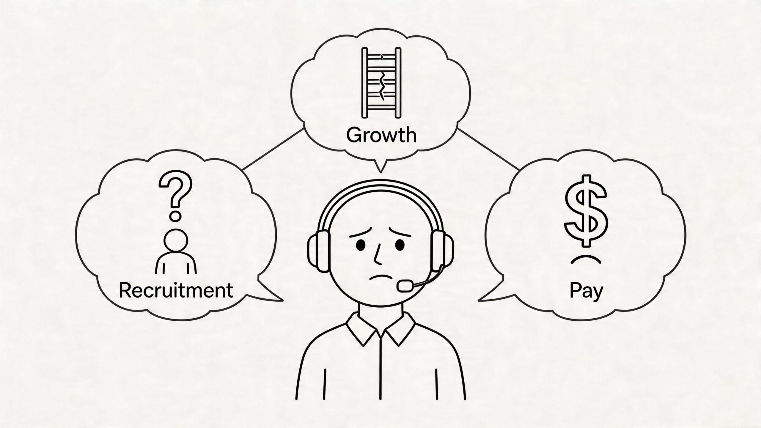 A line drawing of a worried customer service agent contemplating issues like recruitment, career growth, and pay.