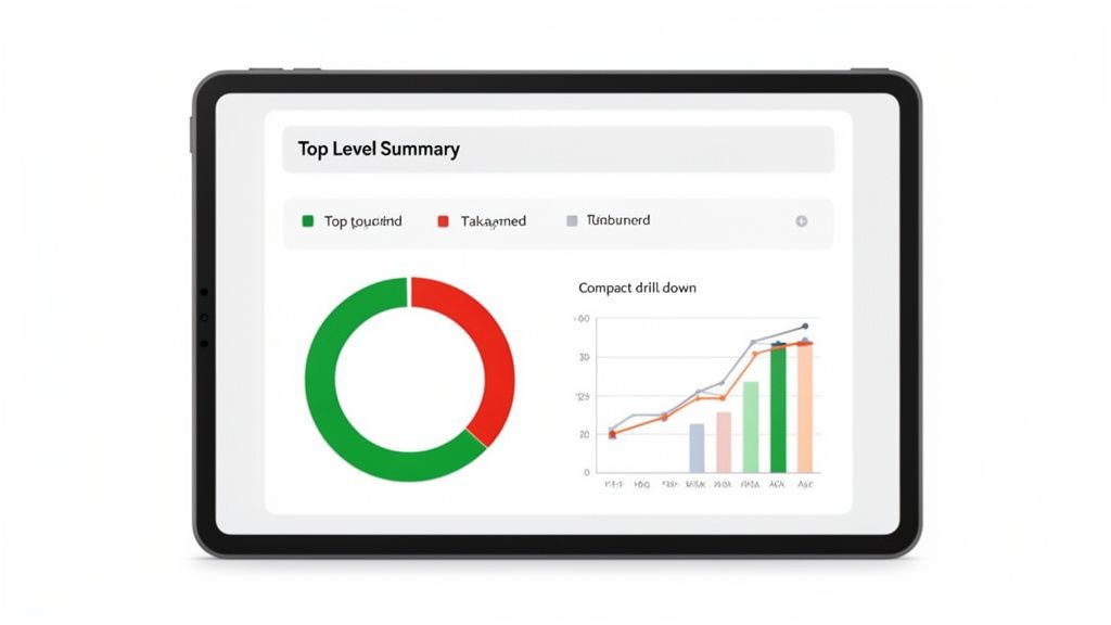 Digital dashboard on a tablet displaying summary data using a donut chart and a line-bar graph.