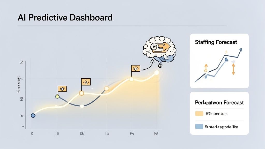 An AI Predictive Dashboard displaying performance and staffing forecasts with line graphs and a brain icon.