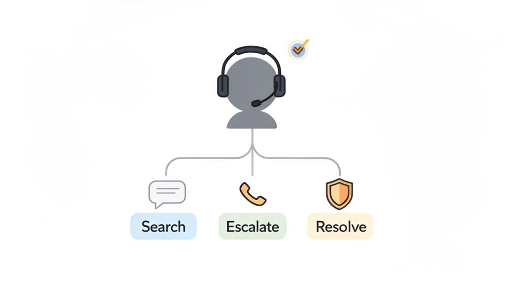 A customer service agent's workflow: search for information, escalate issues, or resolve problems.
