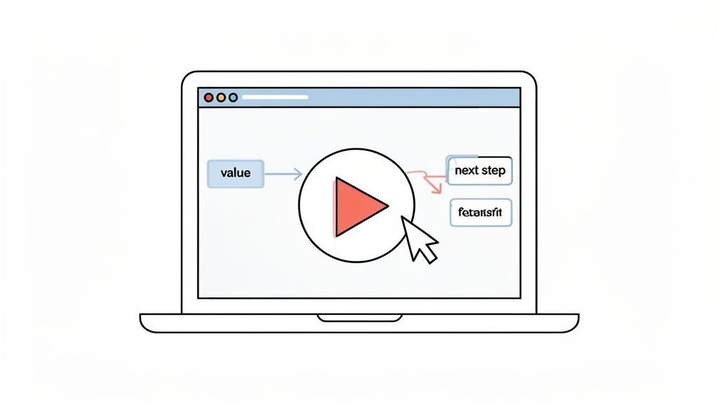 A laptop screen displays an interactive flowchart with a play button and a mouse cursor.
