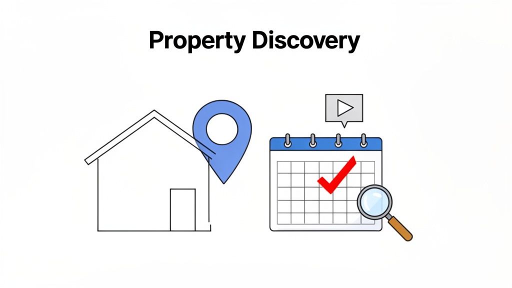 An illustration with a house, location pin, calendar, magnifying glass, and play button, for property discovery.