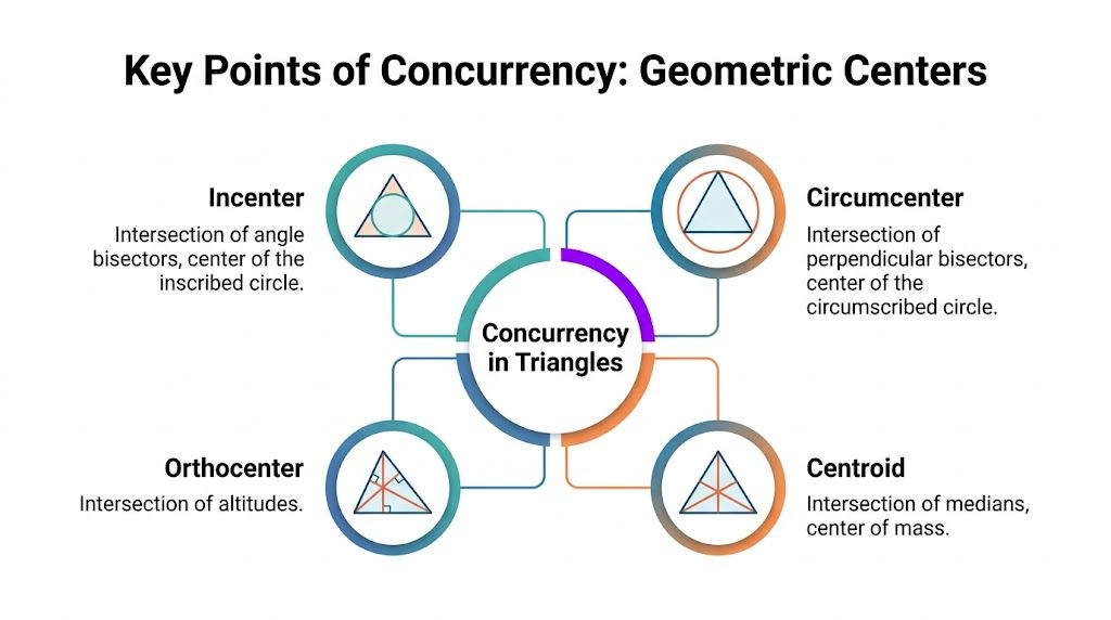 A diagram illustrating the four key points of concurrency in triangles: Incenter, Circumcenter, Orthocenter, and Centroid.