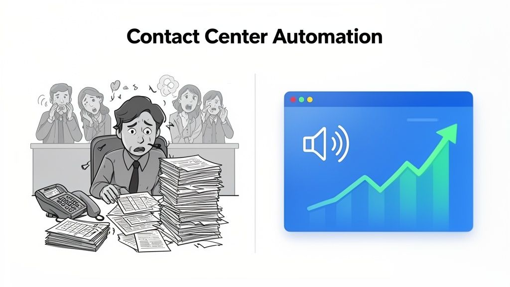 Illustration showing a stressed manual contact center next to an automated, efficient one with growth.