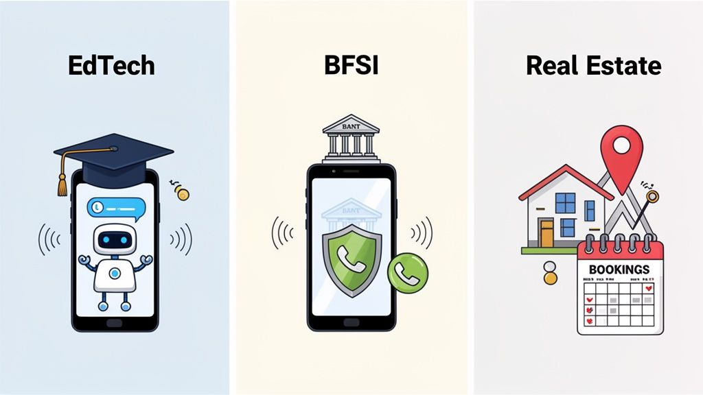 Illustrations showing mobile technology use cases in EdTech, BFSI, and Real Estate industries.