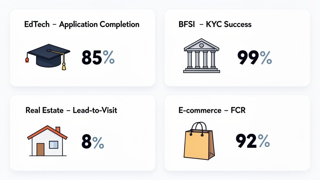 Dashboard displaying key performance indicators for EdTech, BFSI, Real Estate, and E-commerce industries.