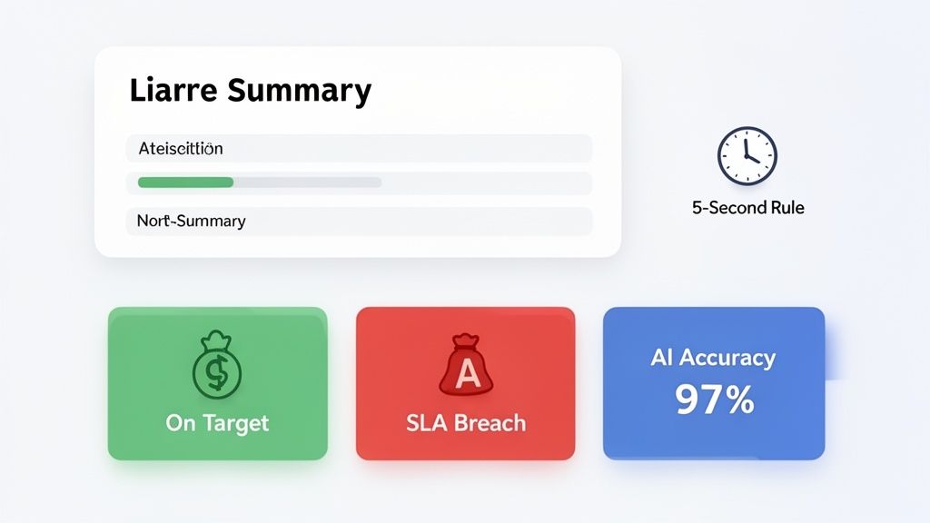 Dashboard displaying a Liarre Summary with progress bars, '5-Second Rule' clock, 'On Target', 'SLA Breach', and 'AI Accuracy 97%'.