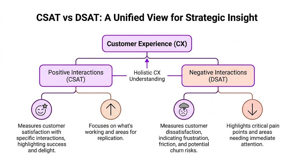 A diagram illustrating the connection between CSAT and DSAT in understanding overall customer experience strategy.