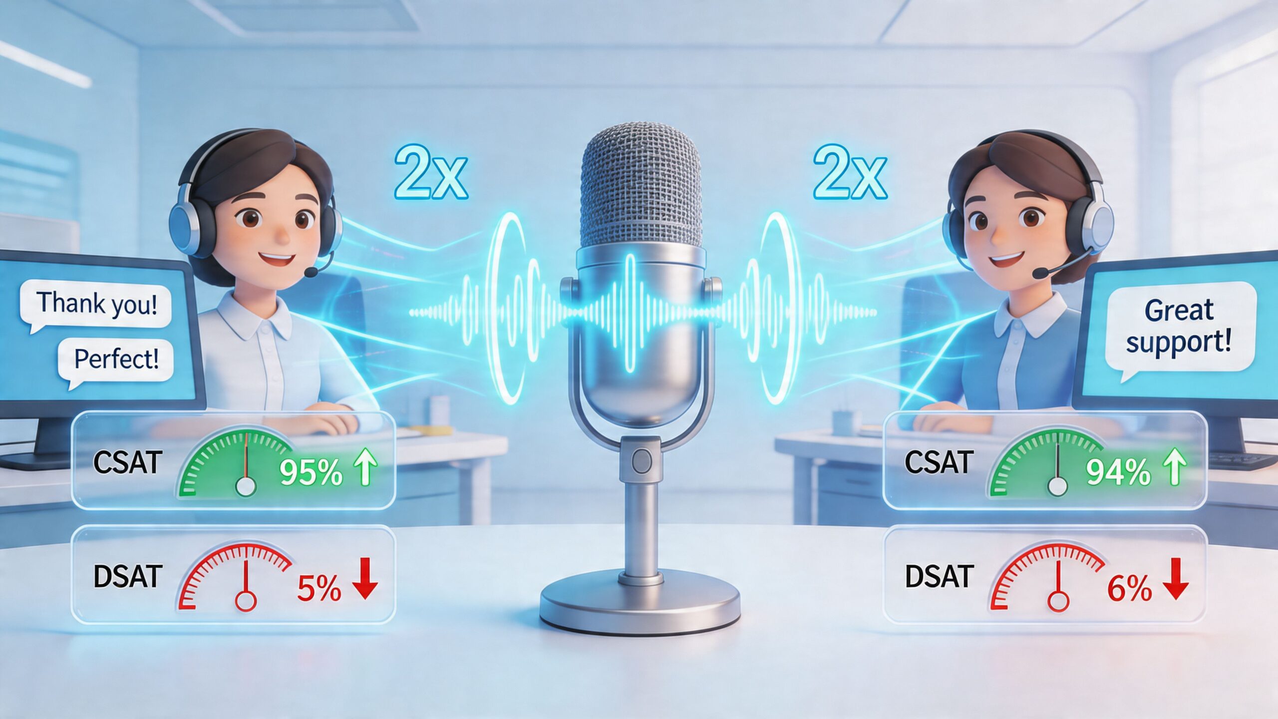 Two 3D animated customer service agents wearing headsets sit at computers with CSAT and DSAT score indicators.