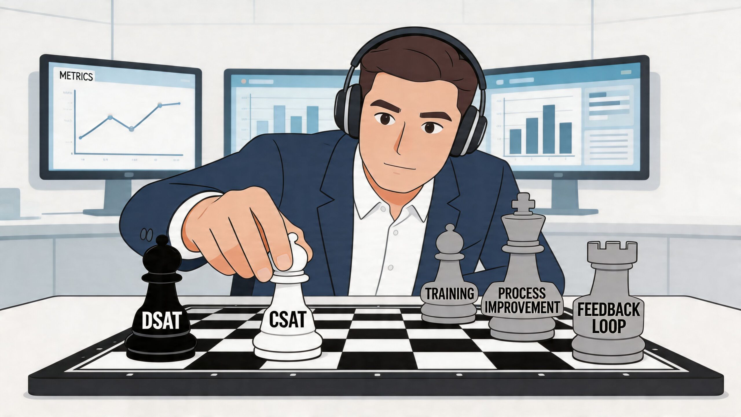 A professional man moves a CSAT chess piece against a DSAT piece in a business strategy concept.