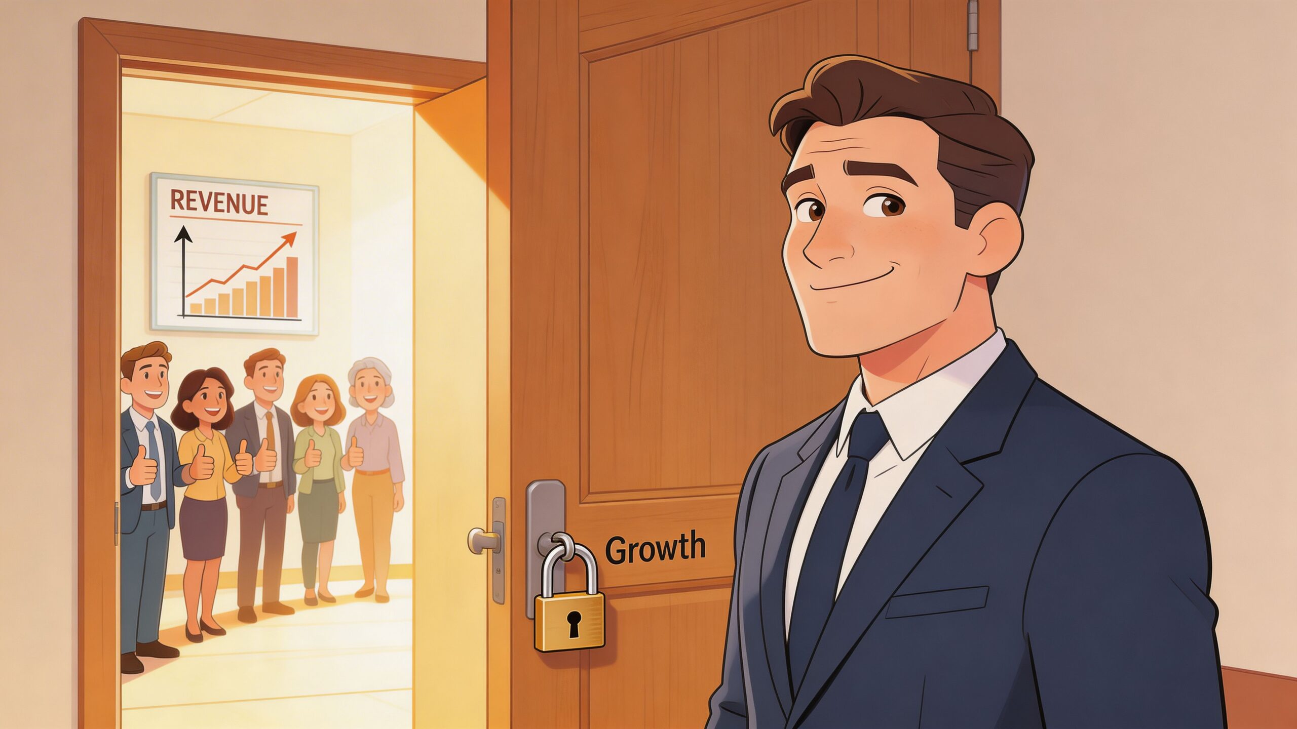 A professional businessman standing in front of a locked door labeled Growth, looking towards a successful team.