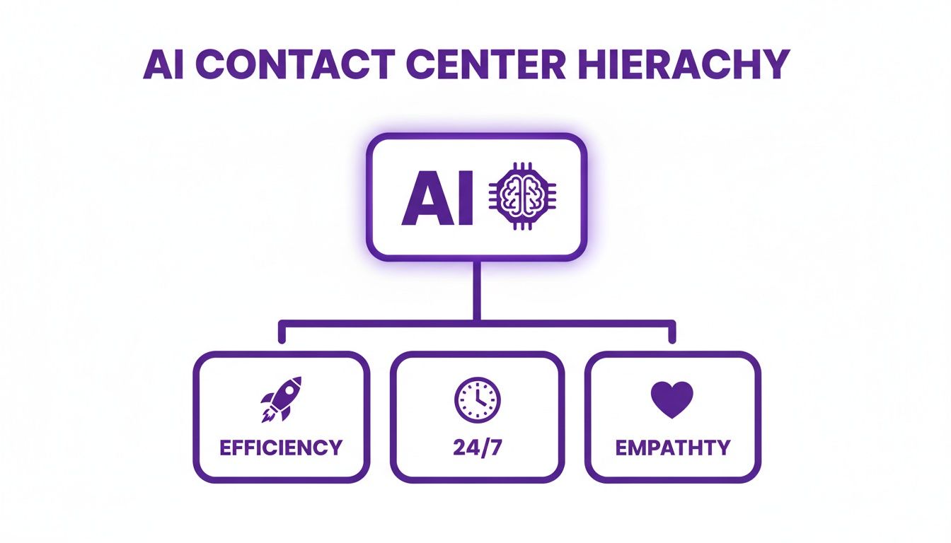 A diagram shows AI contact center hierarchy, highlighting efficiency, 24/7 availability, and empathy as key pillars.
