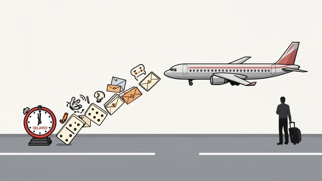 Animation of a 'DELAYED' clock triggering a domino effect, affecting an airplane and waiting passenger.