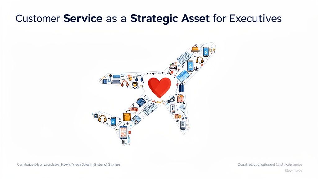 Text 'Customer Service as a Strategic Asset for Executives' with an airplane graphic containing customer care and travel icons.