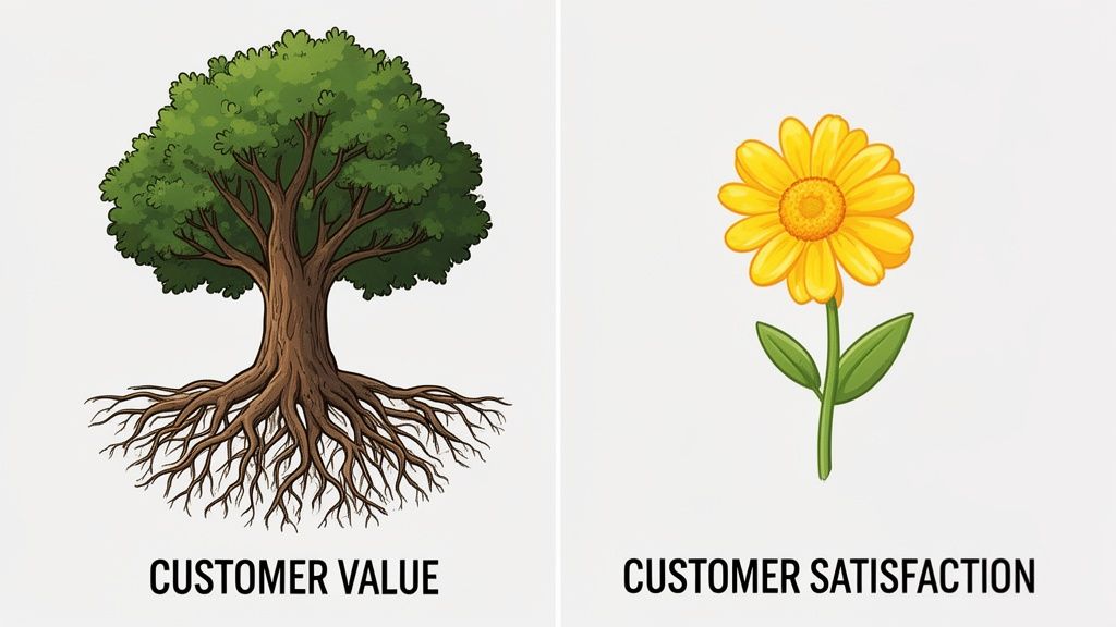 A split image showing a large tree representing customer value and a flower representing customer satisfaction.