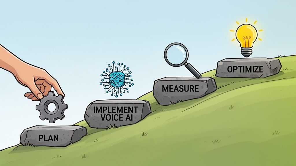 A hand placing a gear onto a four-step path featuring plan, implement voice AI, measure, and optimize.