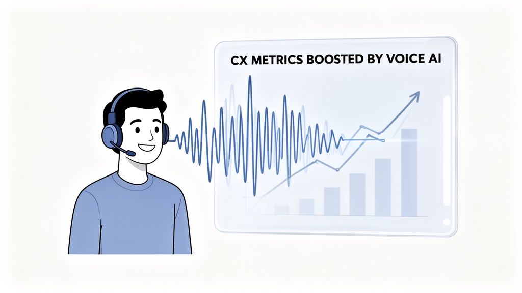 A digital illustration showing a customer support agent using a headset with voice AI analytics