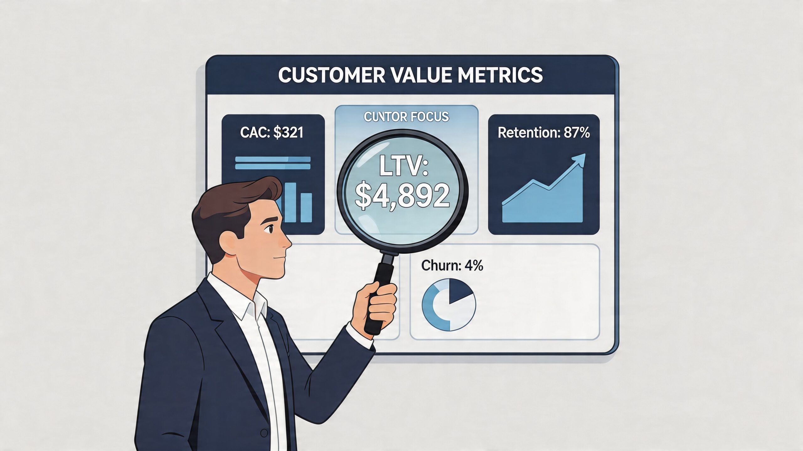A professional man in a suit using a magnifying glass to examine LTV metrics on a business board.