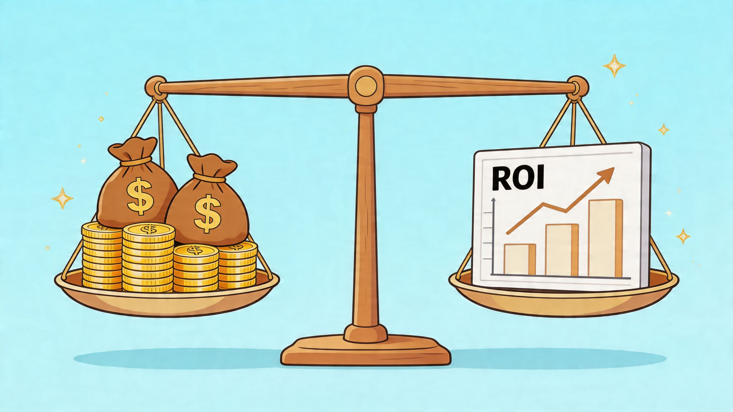 A conceptual illustration of a balance scale weighing money bags and coins against a growing ROI chart.
