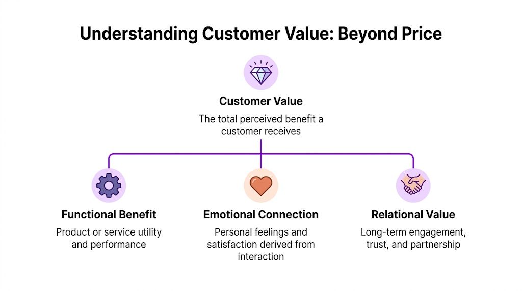 A diagram illustrating customer value components including functional benefit, emotional connection, and relational value as perceived benefits.