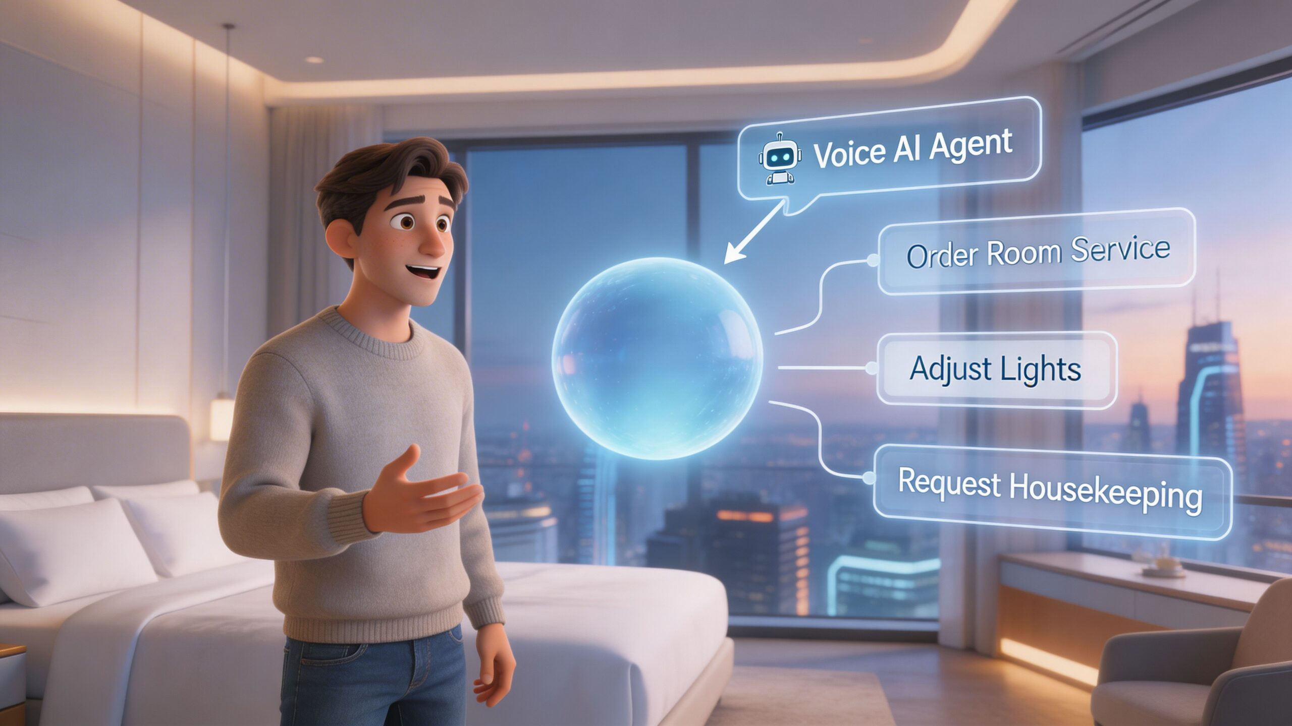 A 3D character interacts with a holographic voice AI interface in a modern hotel room at sunset.