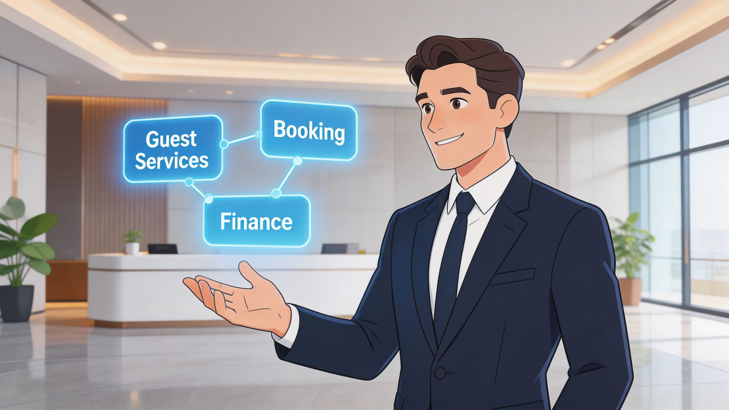 A professional man in a suit presenting a holographic interface displaying hotel management system components.
