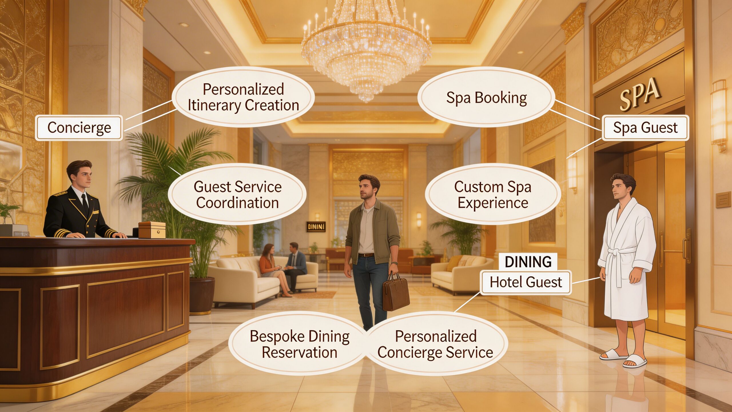 A hotel concierge interacting with guests in a luxury lobby, highlighting hotel management system service use cases.