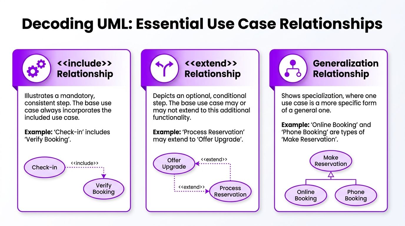 An infographic explaining UML use case relationships including include, extend, and generalization with clear examples.